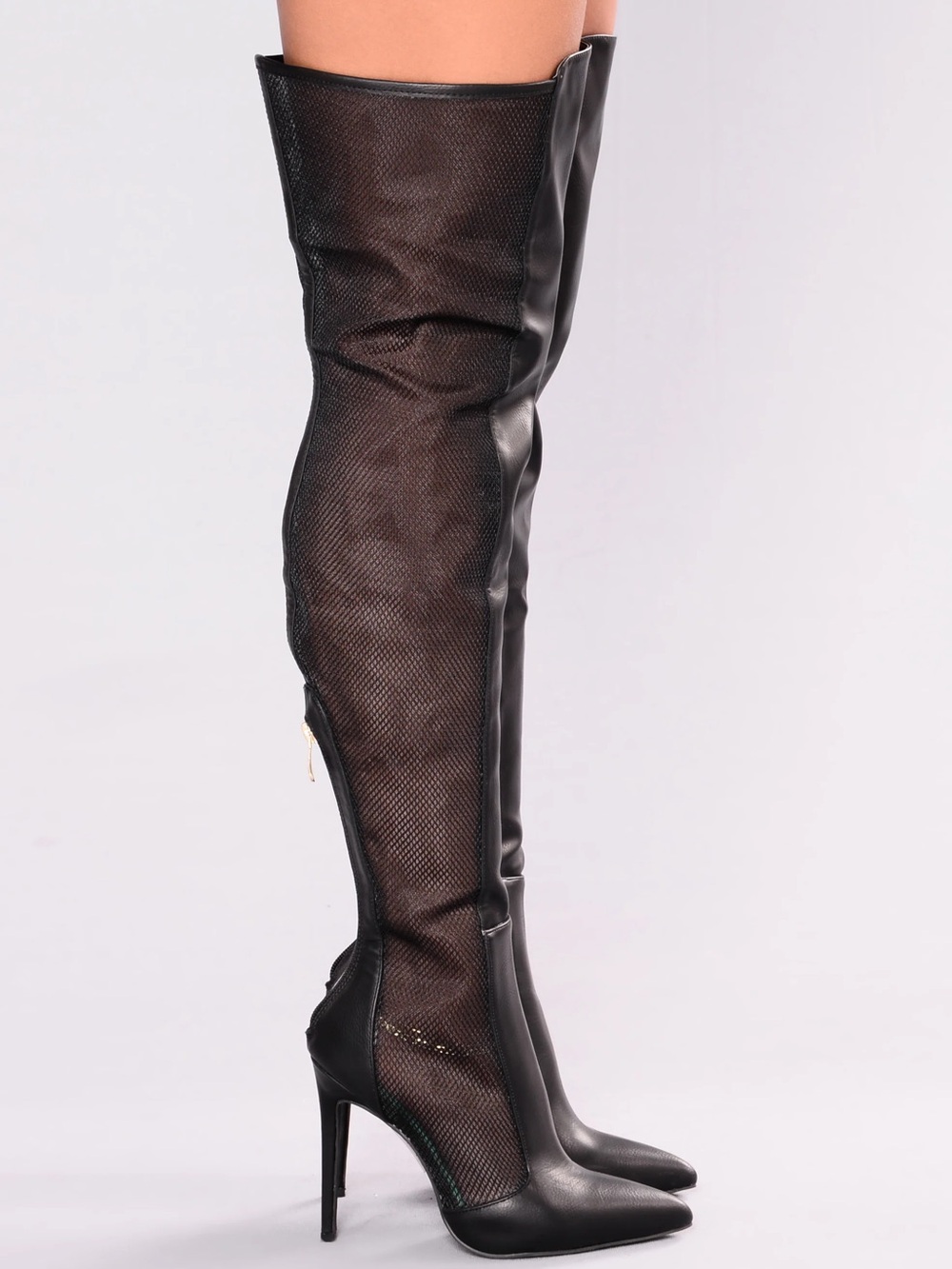 Over-the-Knee Mesh & Faux Leather Stiletto Boot - Black